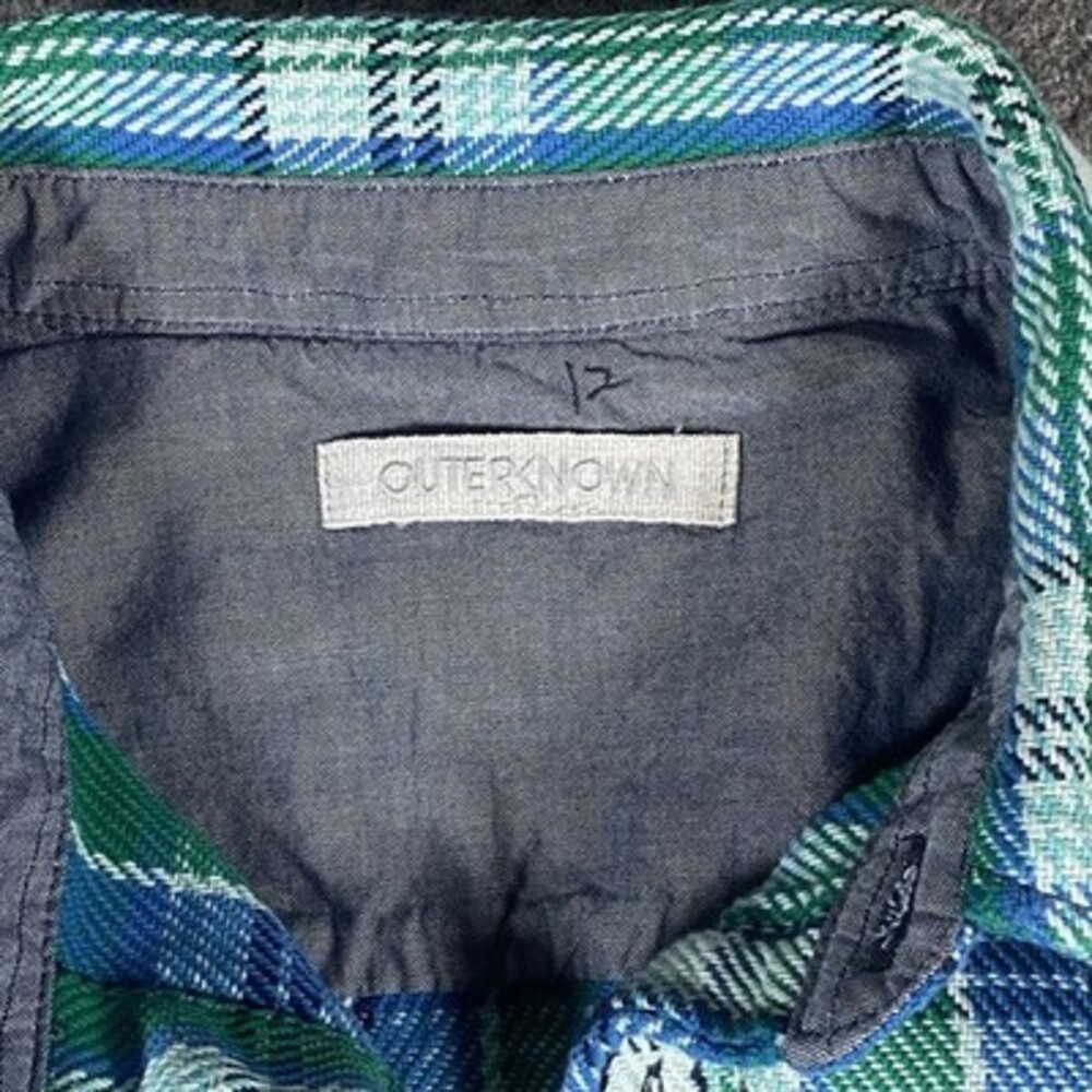 Outerknown Mens M Flannel Plaid Blanket Shirt Blue Green Heavy Shacket Button Up - Picture 7 of 14